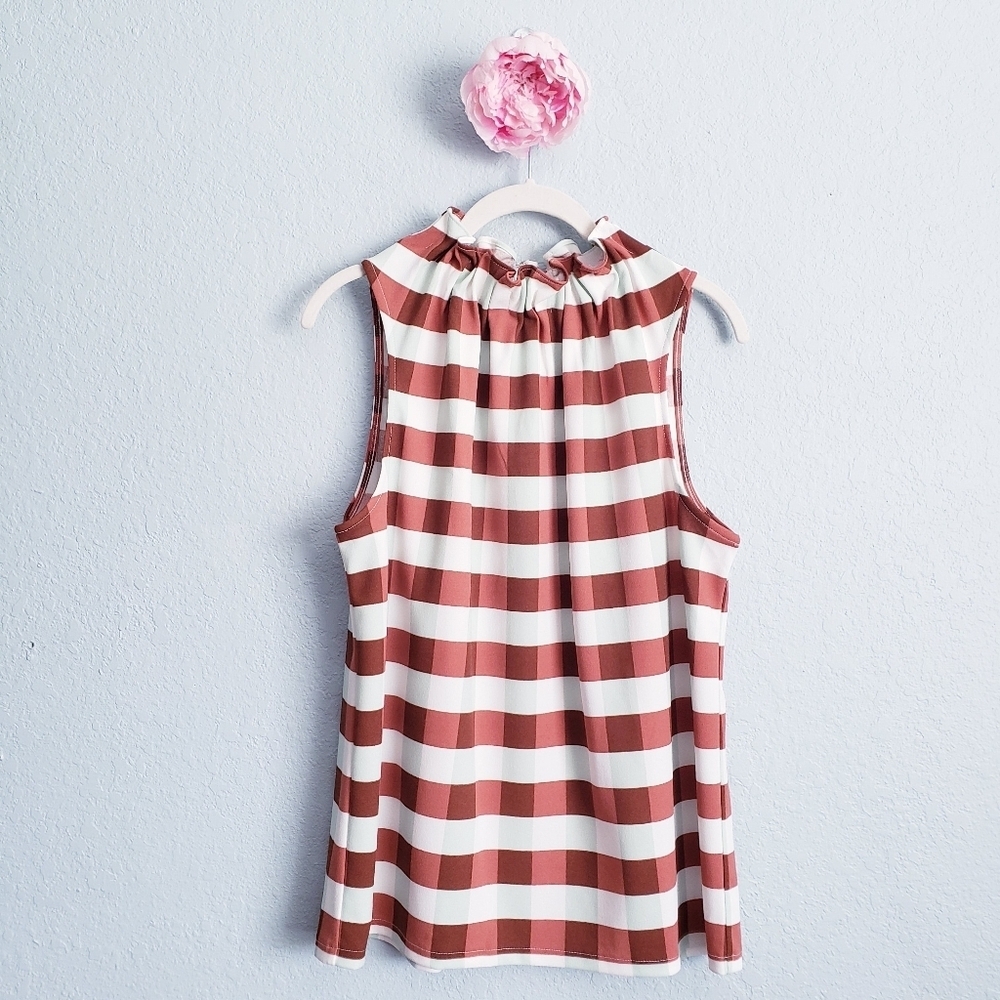 Ann Taylor Sleeveless Striped Ruffle-Neck Blouse in Rust and White